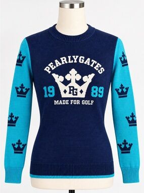 Pearly Gates Wool Blend Golf Sweater - Crown Pattern Navy - Size 2